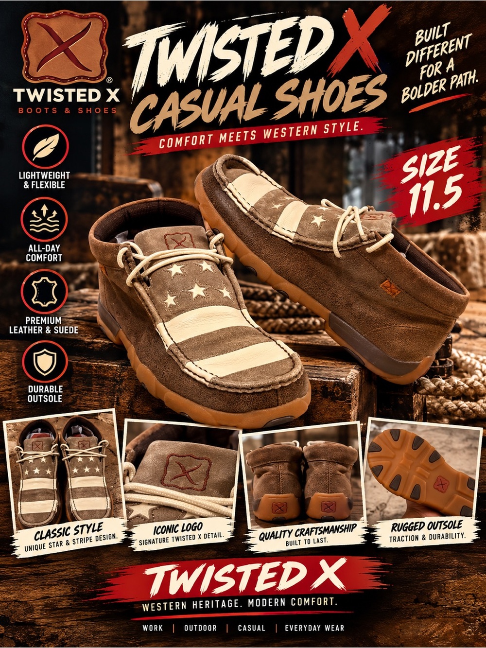 Twisted X Men’s 11.5 Brown Americana Stars & Stripes Moc Toe Shoes.